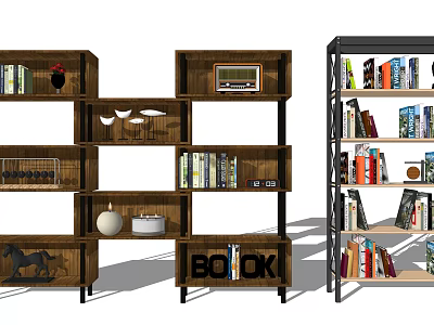 Modern Wooden And Metal Bookcase Design With Books Decorations And Stylish Compartments 3d model