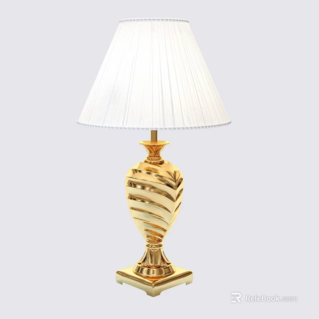 Elegant Gold Table Lamp with White Pleated Lampshade and Spiral Patterned Base 3d model 