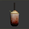 Bubble Milk Tea With Whipped Cream Red Drizzle Mint Leaf Black Straw And Tapioca Pearls