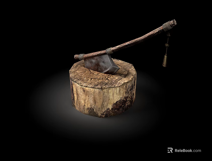 Kitchen Axe With Wooden Handle And Metal Blade On Tree Stump 3d model