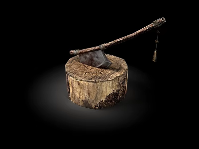 Kitchen Axe With Wooden Handle And Metal Blade On Tree Stump 3d model