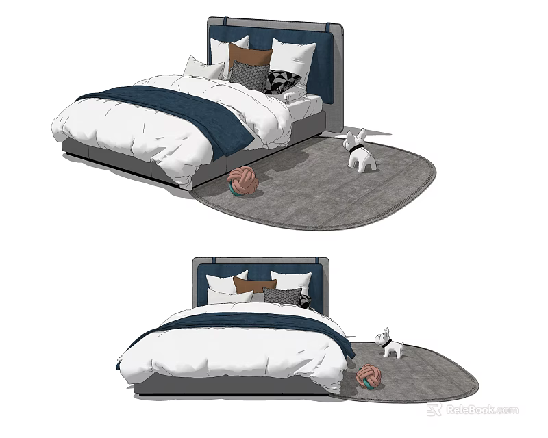 Double Bed With White Navy Blue Quilt Pillows On Gray Rug Volleyball And Rabbit Doll 3d model 