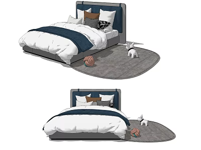 Double Bed With White Navy Blue Quilt Pillows On Gray Rug Volleyball And Rabbit Doll 3d model