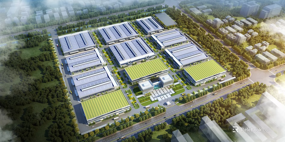 Aerial View Planning of Industrial Park with Green Roofs and Neatly Arranged Buildings 3d model 