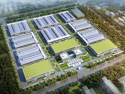 Aerial View Planning of Industrial Park with Green Roofs and Neatly Arranged Buildings 3d model