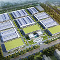 Aerial View Planning of Industrial Park with Green Roofs and Neatly Arranged Buildings