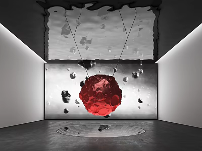 Red Sculpture Ball Hanging in Modern Art Gallery With Black Fragments Ripple Ceiling and Reflective Floor 3d model