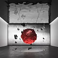 Red Sculpture Ball Hanging in Modern Art Gallery With Black Fragments Ripple Ceiling and Reflective Floor