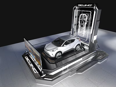 Futuristic Auto Show Display With Modern Tech Island And White Car 3d model