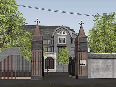 Classical Office Building Exterior With Tower Gates Arched Entrance And Green Trees 3d model