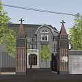 Classical Office Building Exterior With Tower Gates Arched Entrance And Green Trees