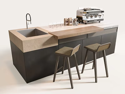 Modern Bar Counter With Sink Glasses Coffee Machine Dark Cabinets And Bar Stools 3d model