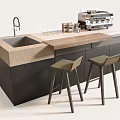 Modern Bar Counter With Sink Glasses Coffee Machine Dark Cabinets And Bar Stools