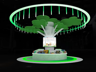 Circular Exhibition Island With Green Leaf Shaped Decor And Lighting Display Platform 3d model