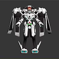 White And Gray Mech Game And Movie Character With Red Head And Glowing Green Accents