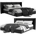 Modern Double Bed with Black Headboard White Bedding Grey Blanket and Pillows 3d model