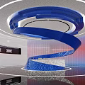 Modern Reception Desk with Blue Spiral Design Circular Lighting and Pink Blue Backdrop Interior