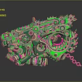 Intricate Mechanical Weapon Featuring Gears Chain and Vibrant Green Pink Design