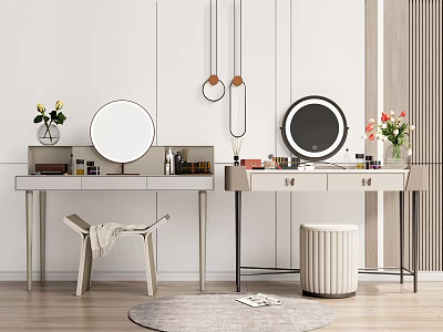 Modern Dresser Vanities With Round Mirrors Cosmetics Flower Vases And Stools 3d model