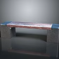 Abstract Painting of Bench with Purple Pink Seat Blue Ends Gray Legs on Black Background