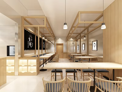 Wooden Themed Restaurant Interior With Spacious Layout Tables Chairs Hanging Lights And Decorative Paintings 3d model
