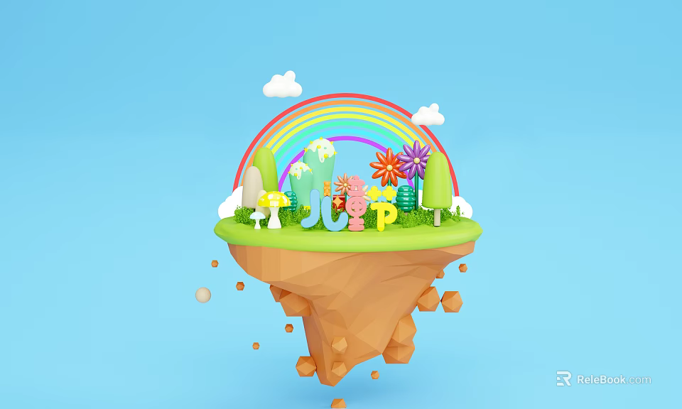 Cartoon Scene with Floating Island Rainbow Clouds Green Plants Flowers Mushrooms and Colorful JOY Letters 3d model 