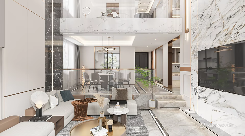 Modern Open Concept Living Dining Room Interior Design With Sofa Dining Table Marble And Plants 3d model