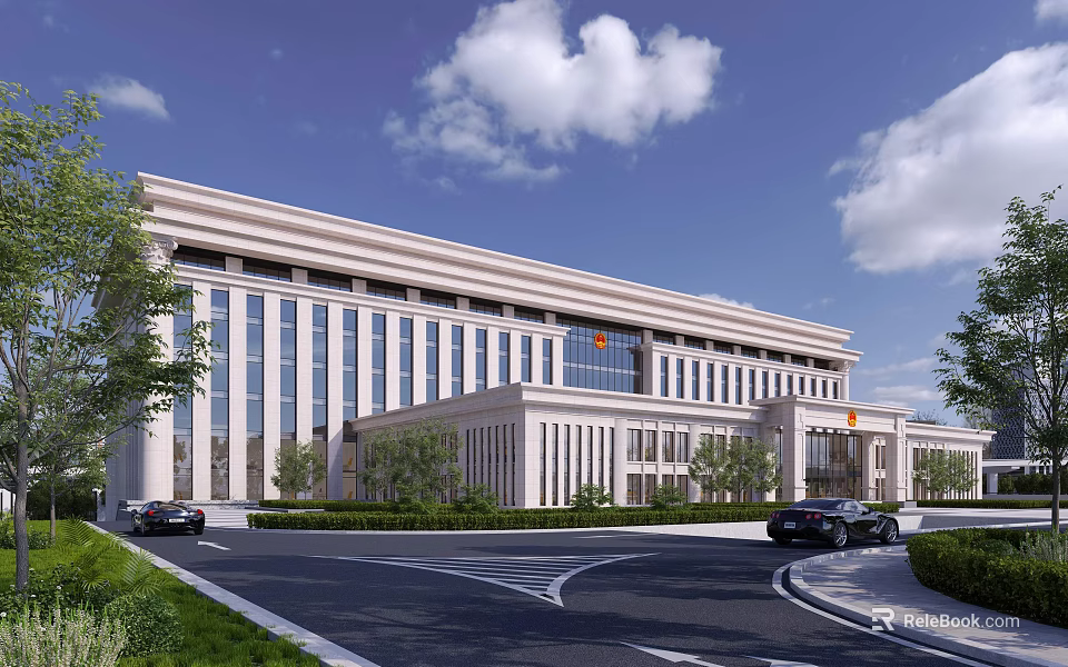 Modern Office Building With Glass Curtain Walls Symmetrical Design And Landscaped Area 3d model 