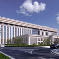 Modern Office Building With Glass Curtain Walls Symmetrical Design And Landscaped Area