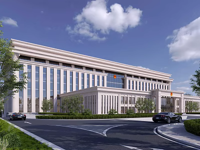 Modern Office Building With Glass Curtain Walls Symmetrical Design And Landscaped Area 3d model