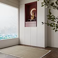 Red and White Buddhist Shrine Cabinet with Golden Buddha Statue Glowing Light and Green Branches