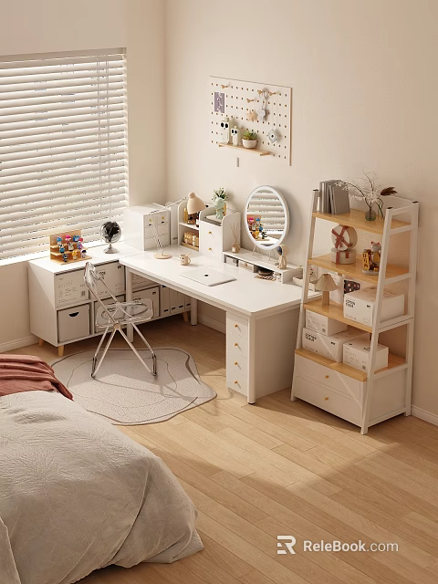 Minimalist White Desk Setup With Window Blinds Chair And Storage Shelves 3d model 