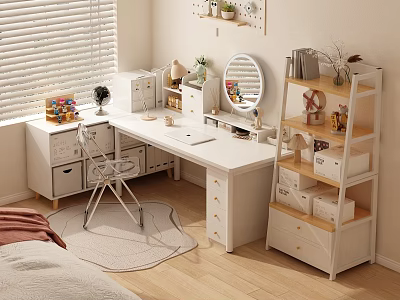 Minimalist White Desk Setup With Window Blinds Chair And Storage Shelves 3d model