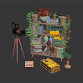 Vintage Study Nook With Bookcase Camera On Tripod Plants Books Lamp And Chest