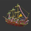 Red Wooden Ship Model With Masts Sails And Decorative Details