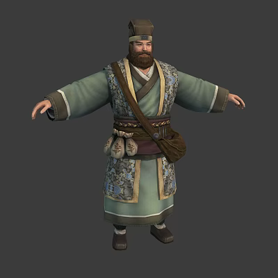 Ancient 3D Character Model Wearing Traditional Robe With Belt Pouch And Backpack 3d model