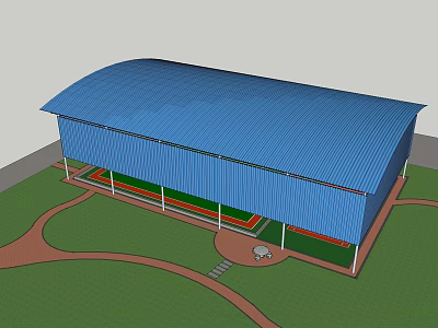 Large Blue Roof Architectural Building With Green Lawn And Pathway 3d model