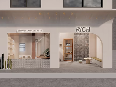 Modern Storefront with RICH Sign Coffee Tea Fashion Cake Arched Glass Door Green Plants Bench 3d model
