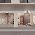 Modern Storefront with RICH Sign Coffee Tea Fashion Cake Arched Glass Door Green Plants Bench