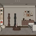 Contemporary Living Room Interior With White Sofa Brown Coffee Table Decorative Paintings And Wooden Cabinet