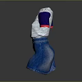 Blue And White Striped Top With Dark Blue Sleeves Red Trim And Blue Denim Skirt