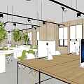 Modern Office Design With White Desks Orange And White Chairs Windows And Wooden Pendant Lights