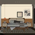 Modern Bedroom Interior Design With Bed Bench Rug Artwork Pendant Light And Curtains