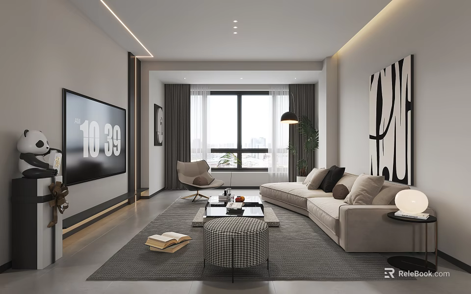 Modern Living Dining Room Interior With Light Gray Sofa Coffee Table And Decorative Painting 3d model 