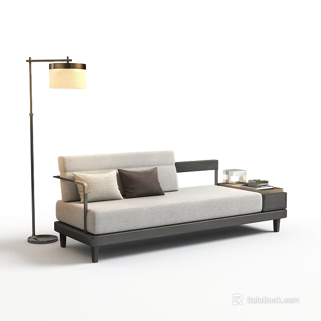 Modern Chaise Lounge with Gray Cushion Brown Pillow Black Frame Floor Lamp and Side Table 3d model 