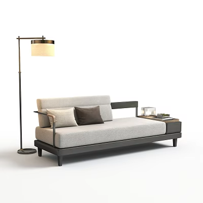 Modern Chaise Lounge with Gray Cushion Brown Pillow Black Frame Floor Lamp and Side Table 3d model