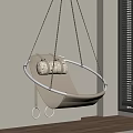 Beige Hanging Chair Suspended with Black Ropes and Woven Cushion in Indoor Space with Blinds