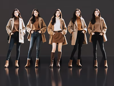 Women in Brown Coats with Different Bottoms and Boots Fashion Looks 3d model