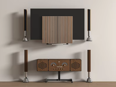 Modern Wall Mounted TV With Wooden Panel And Surround Sound Speakers 3d model