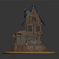 Wooden Cottage Model With Blue Tiled Roof Windows Stairs And Fence Base